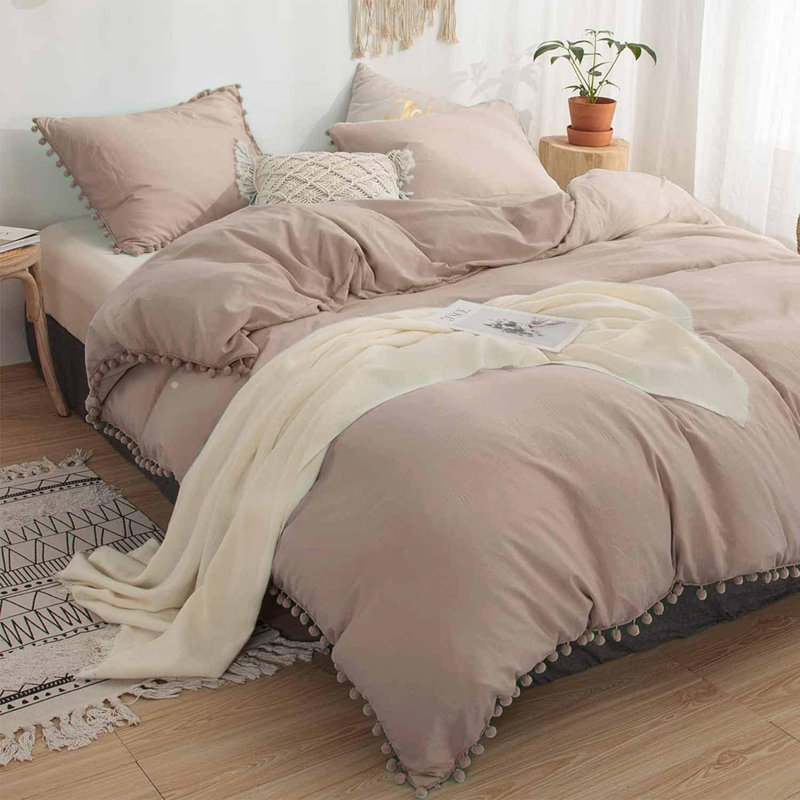 Pom Duvet Cover Queen Size 3 Piece Boho Bohemian Microfiber Bedding Set